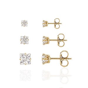 Brinco Trio Zircônia Quadrada Caixa Alta - Banho de Ouro 18k