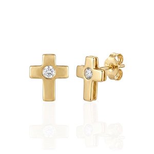 Brinco Cruz com Zircônia - Banho de Ouro 18k