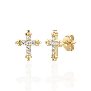 Brinco Cruz Cravejada com Detalhes de Bolinhas - Banho de Ouro 18k