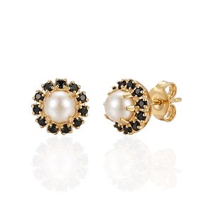 Brinco Pérola com Borda Cravejada com Zircônia Preta - Banho de Ouro 18k