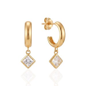 Brinco Argolinha Abaulada com Pingente Zircônia Quadrada - Banho de Ouro 18k