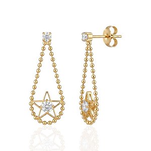 Brinco Estrela Vazada com Zircônia com Corrente de Bolinha - Banho de Ouro 18k