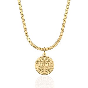 Colar Medalha São Bento Fita Laminada 34cm - Banho de Ouro 18k