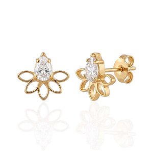 Brinco Leque Vazado com Zircônia - Banho de Ouro 18k