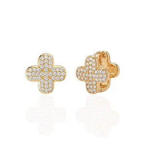 Brinco Trevo Cravejado Articulado Clique - Banho de Ouro 18k