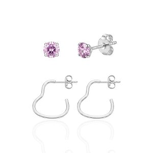 Brinco Duo Zircônia Rosa + Argolinha Coração Tarraxa 2cm - Prata 925