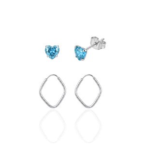 Brinco Duo Zircônia Coração Azul + Argolinha Losango 1,2cm - Prata 925