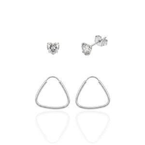 Brinco Duo Zircônia Coração Cristal + Argolinha Triângulo 1,3cm - Prata 925