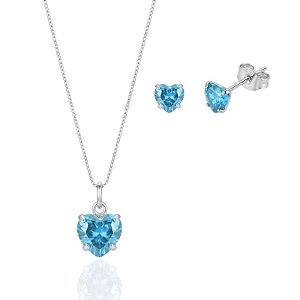 Conjunto Colar + Brinco Ponto de Luz Zircônia Coração Azul - Prata 925