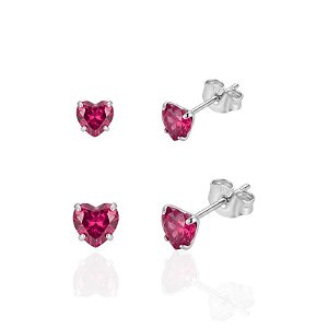 Brinco Duo Coração de Zircônia Pink - Prata 925