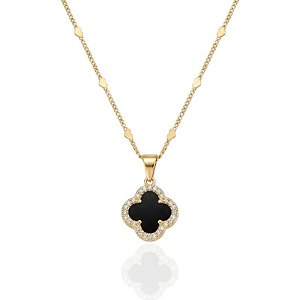 Colar Trevo Resina Preta Borda Cravejada 45cm - Banho de Ouro 18k