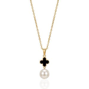 Colar Trevo Resina Preta com Pérola Veneziana 45cm - Banho de Ouro 18k