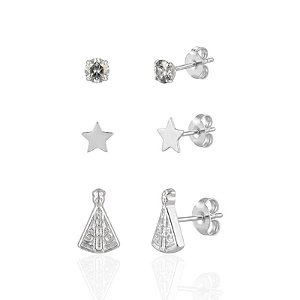 Brinco Trio Nossa Senhora, Estrela e Zircônia Cristal - Prata 925