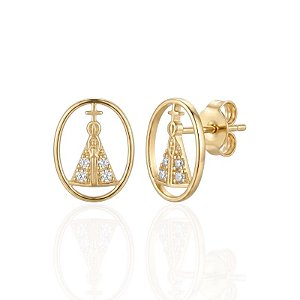 Brinco Nossa Senhora Cravejado Círculo Vazado - Banho de Ouro 18k
