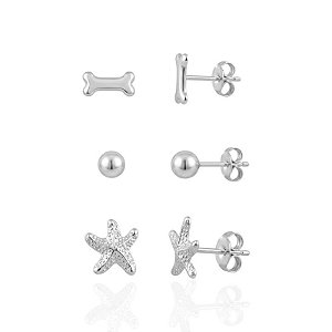 Brinco Trio Estrela do Mar, Bolinha e Ossinho - Prata 925