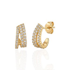 Brinco Meia Argola 3 Linhas Cravejadas - Banho de Ouro 18k