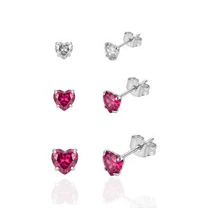 Brinco Trio Zircônia Coração Cristal e Pink - Prata 925