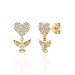 Brinco Coração Cravejado com Espirito Santo - Banho de Ouro 18k