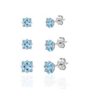 Brinco Trio Zircônia Quadrada Azul - Prata 925