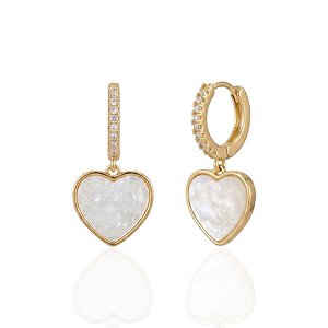 Brinco Coração Resina com Argola Cravejada - Banho de Ouro 18k