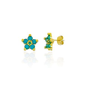 Brinco Flor Zircônia Azul - Banho de Ouro 18k