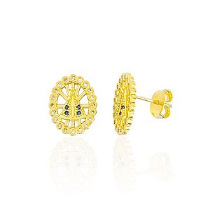 Brinco Nossa Senhora Oval Cravejado - Banho de Ouro 18k