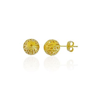 Brinco Bolinha Trabalhada Vazada - Banho de Ouro 18k