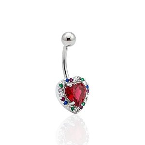 Piercing Umbigo Coração Vermelho Cravejado em volta 9mm - Prata 925