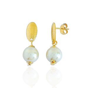 Brinco Base oval com Pingente de Perola - Banho de Ouro 18k