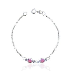 Pulseira Infantil 2 Zircônias Rosa Elo Português 18cm - Prata 925