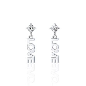 Brinco Ponto de Luz Zircônia c/ Pingente Love 1,8cm - Prata 925