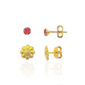 Brinco Duo Ponto de Luz Rosa e Flor - Banho de Ouro 18k