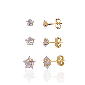 Brinco Trio Zircônia Estrela - Banho de Ouro 18k