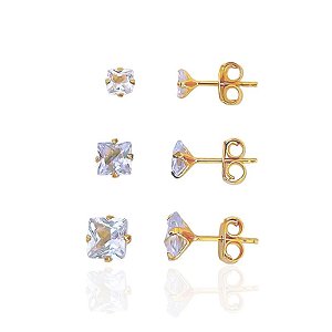Brinco Trio Zircônia Quadrada - Banho de Ouro 18k
