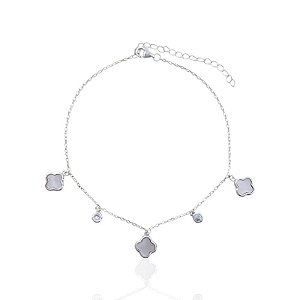 Tornozeleira 3 Trevos Madreperola e Zircônias Elo Cartier 22cm - Prata 925