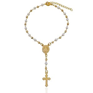Pulseira Terço com Perolas e Bolinhas 18cm - Banho de ouro 18k
