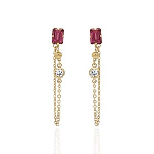 Brinco Zircônia Quadrada Pink c/ Corrente e Ponto de Luz 5cm - Banho de Ouro 18k