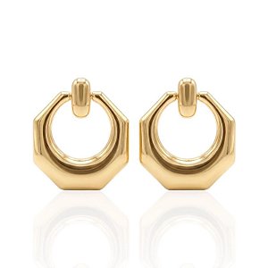 Brinco Argola Frontal Sextavada Lisa Vazada 4,8cm - Banho de Ouro 18k