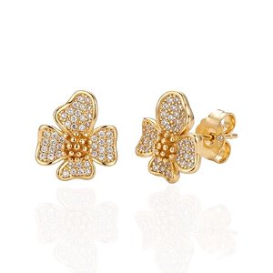 Brinco Flor Orgânica Cravejada - Banho de Ouro 18k