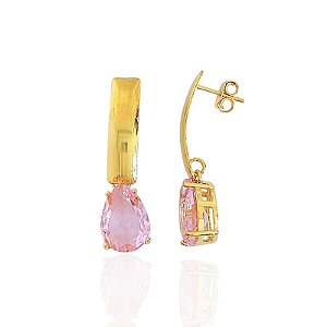 Brinco Base com Gota Zircônia Rosa - Banho de Ouro 18k