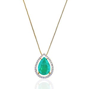 Colar Gota Zircônia Fusion Verde Água com Borda Cravejada Veneziana 45cm - Banho de Ouro 18k
