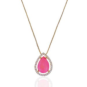 Colar Gota Zircônia Rosa com Borda Cravejada Veneziana 45cm - Banho de Ouro 18k