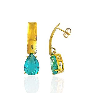Brinco Base com Gota Zircônia Azul - Banho de Ouro 18k