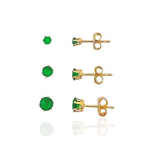 Brinco Trio Zircônia Redonda Verde - Banho de Ouro 18k