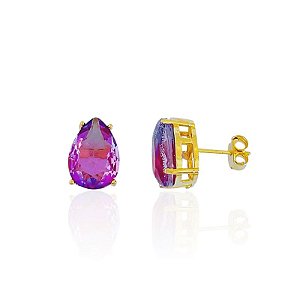 Brinco Gota Zircônia Roxa - Banho de Ouro 18k