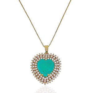 Colar Coração Zircônia Fusion Verde com Borda Cravejada 45cm - Banho Ouro 18k