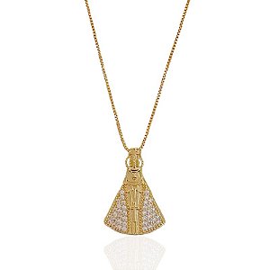 Colar Nossa Senhora Manto Cravejado Cristal 45cm - Banho Ouro 18k