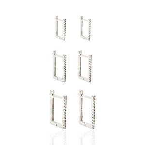 Brinco Trio Argolinha Quadrada Cravejada - Prata 925