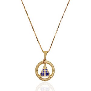 Colar Nossa Senhora Cravejada Azul Círculo Vazado 45cm - Banho Ouro 18k