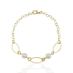 Pulseira Perolas e Elos Vazados 19cm - Banho de ouro 18k